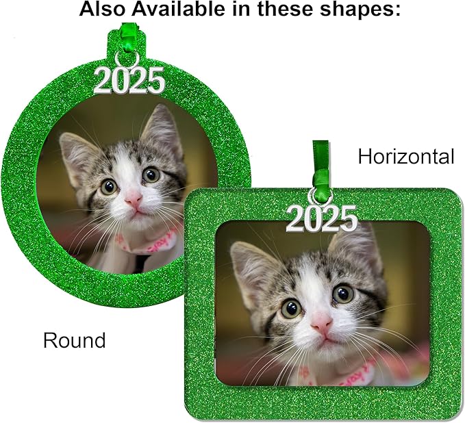 2025 Photo Ornaments for Christmas Tree, Sparkly Glitter Christmas Frame Ornament, Easy-Load Magnetic Design, Includes Satin Ribbon, Silver Charm & Photo Protector, Vertical, Green