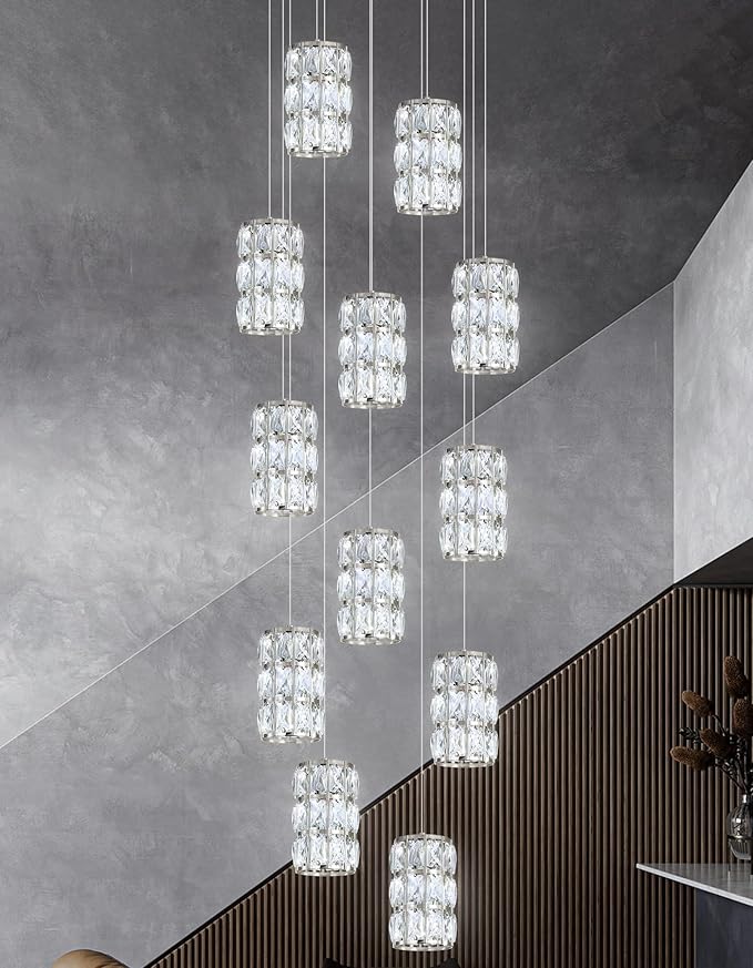 12-Lights Modern Crystal LED Dimmable for Staircase Foyer High Ceiling Chandeliers Hallway Nickel