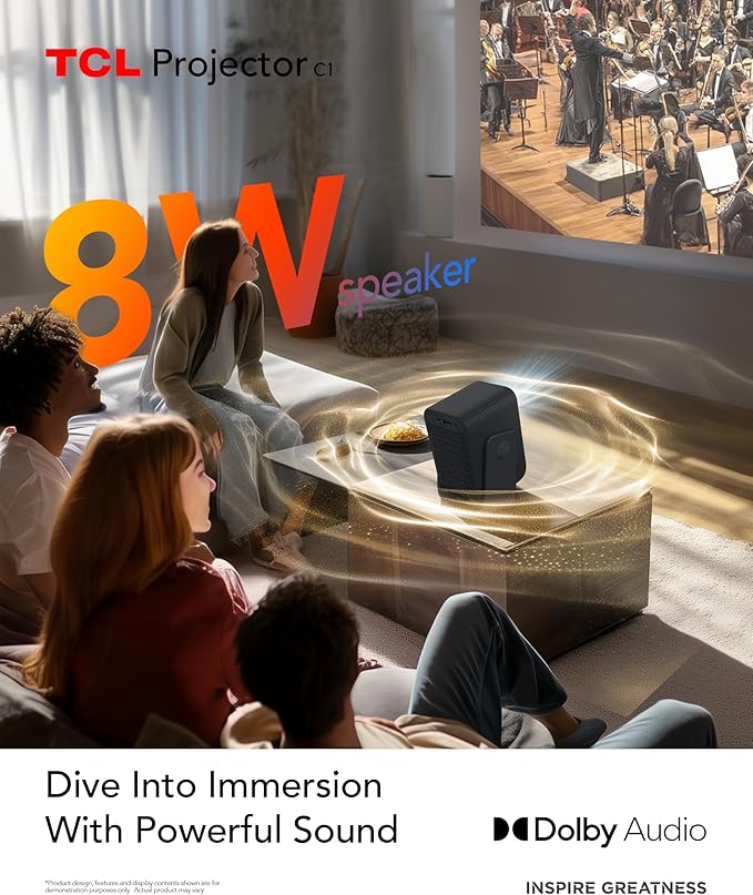 TCL C1 Smart Projector 4K Support, Google TV & Netflix Officially Licensed, WIFI and Bluetooth, Auto Focus Keystone, Native 1080p, Dolby Audio, 285° Portable Mini Projector for Home Theater