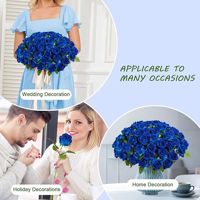 Artificial Flowers Roses Touch Fake Rose Bouquet Flower Stem for Wedding Centerpieces DIY Wreath Home Decorations Silk Roses Mothers Party Fake Outdoor Flowers Decor 19.6"(50PCS Blue)
