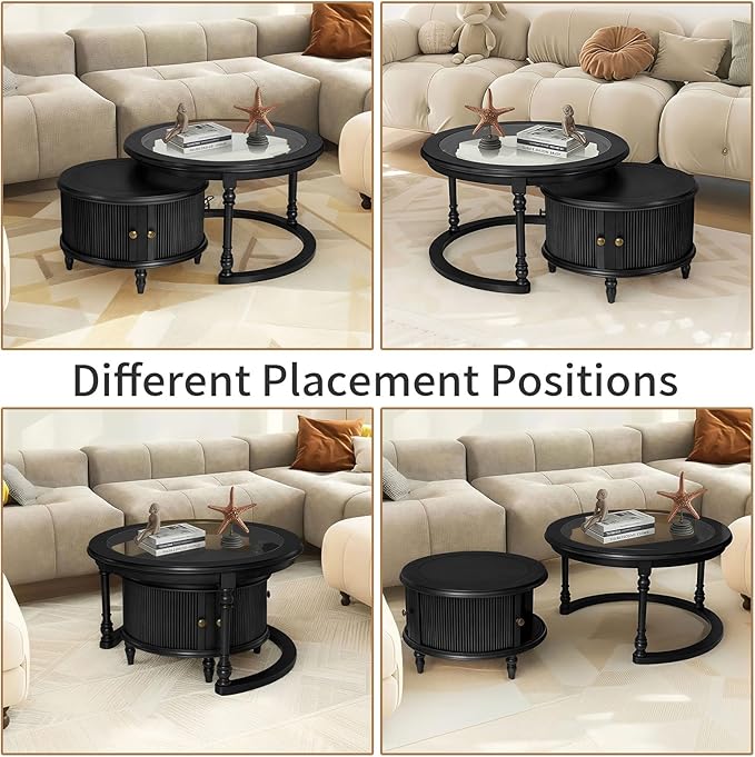 LKTART Nesting Coffee Table for Living Room, Round Tempered Glass Solid Wood Nest Coffee Tables with Storage, Retro Small Accent Center Table for Small Space Apartment (31.5''D×18''H-Balck)