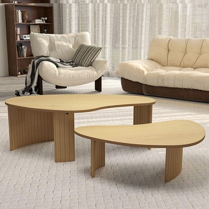 Nesting Coffee Tables Set of 2, Cloud Coffee Tables with Fluted Legs, Ash Veener End Table for Living Room, Natural