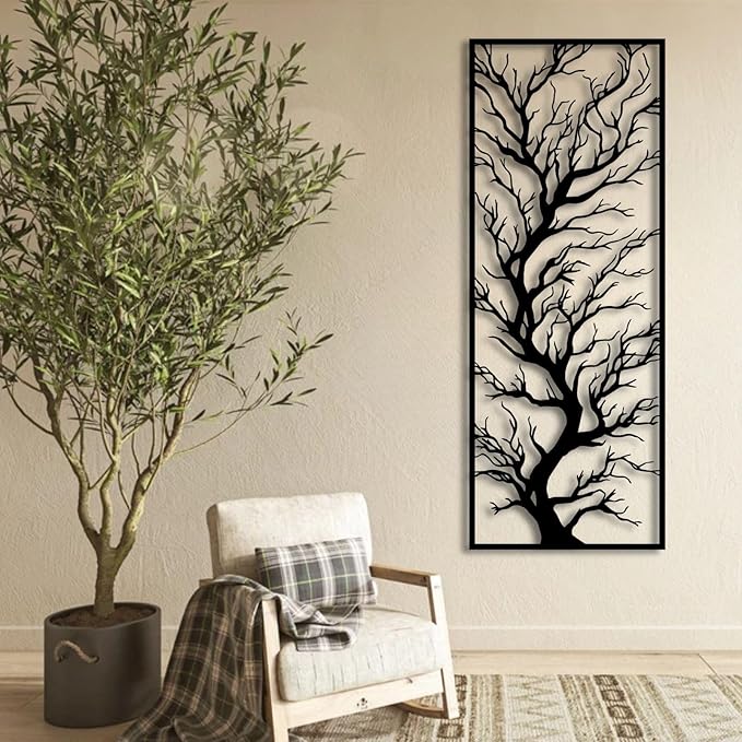 ENJOYOO Metal Wall Art Tree, Metal Tree Branch Wall Deco for Living Room, Garden, Outdoor (White, 59×23in/150×58cm, metal wall art)