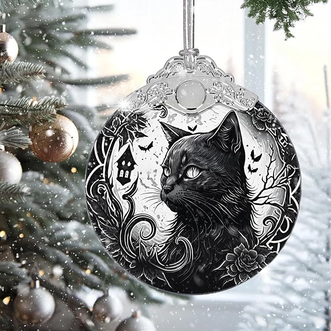 2025 Ornaments for Christmas Tree, Zmoicky Stained Glass Hanging Ornament, Christmas Ornaments Clearance, Gift Exchange Ornament, Bauble Present - Black Cat