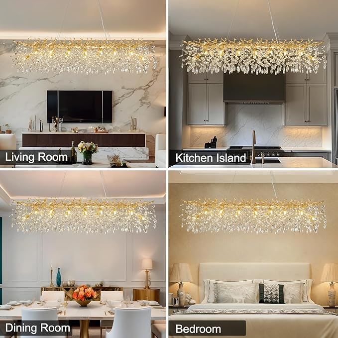 YUYI Modern Crystal Chandelier, 60" Gold Tree Branch Chandelier, 16-Light Rectangular Chandeliers for Dining Room, Kitchen Island, Living Room, Luxury Top K9 Crystal Raindrop Light Fixture - Upgraded