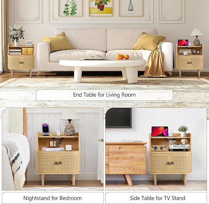 Metal Rattan End Table with Charging Station, Mid Century Modern Nightstand with 2 Doors, Bed Side Table with Storage for Couch,Living Room,Small Spaces, Sofa Side Table for Office,Dorm - Natural
