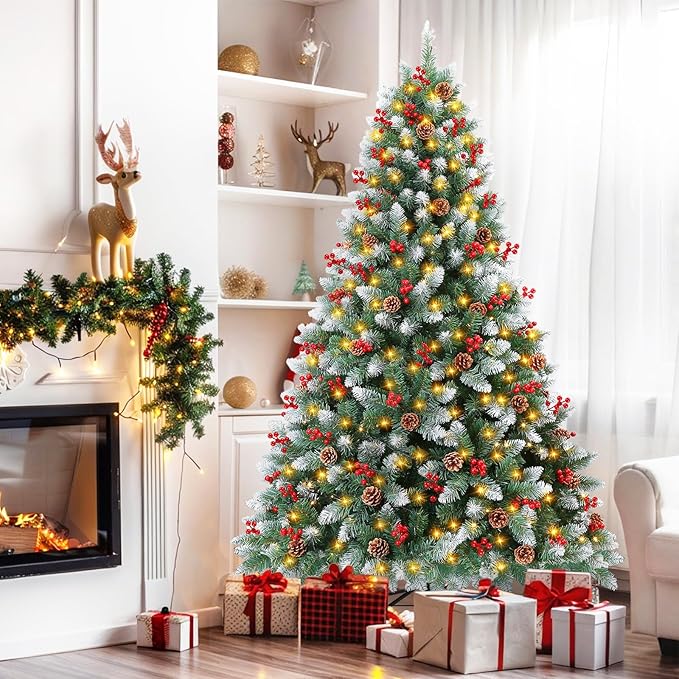 6FT Pre Lit Artificial Christmas Tree with 300 Lights, 847 Branch Tips, 52 Pine Cones, 52 Red Berries & Metal Stand, Remote Xmas Tree for Outdoor Indoor Home Christmas Decorations