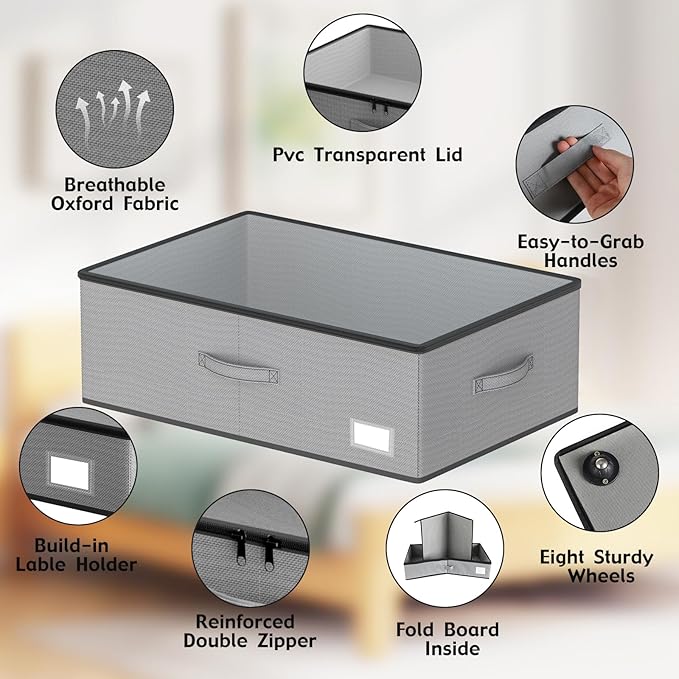 Under Bed Storage with Wheels, No Assemble Required 10 inches height Under Bed Storage bins,Large capacity Rolling Under bed Shoe Storage containers,dorm under bed storage drawers