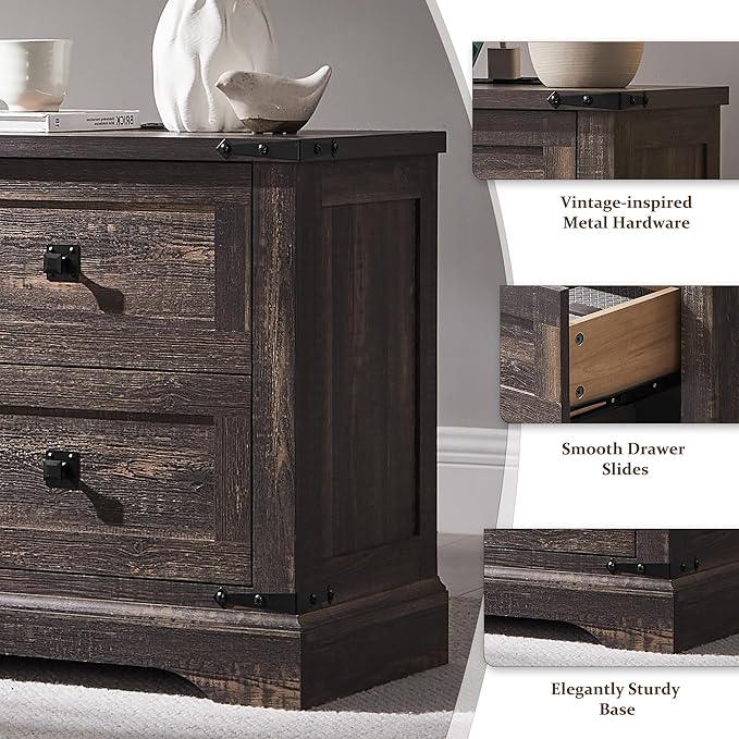 T4TREAM 24" Farmhouse Nightstand with Charging Station, Large End Table with 2 Storage Drawers, Rustic Wood Sofa Bedside Table for Bedroom, Dark Rustic Oak