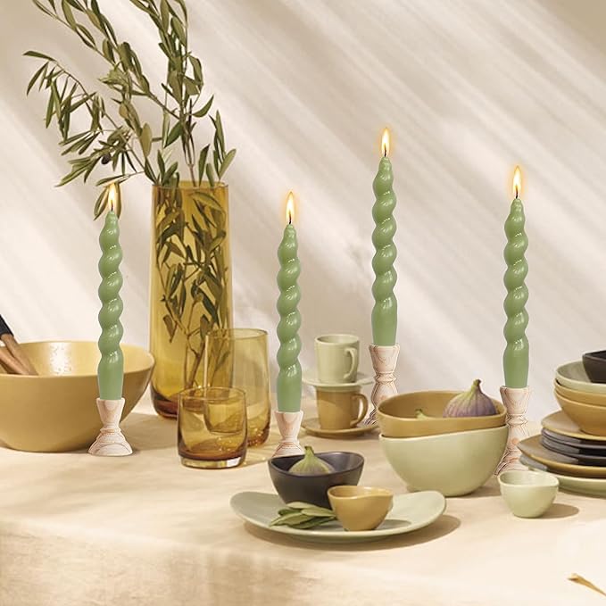 DRIPLESS Unscented Twisted Taper Candles Handmade Candlestick Grass Green Spiral Taper Candles 7.5 Inch Decorative Candle Smokeless for Party Gifts 2 PCS