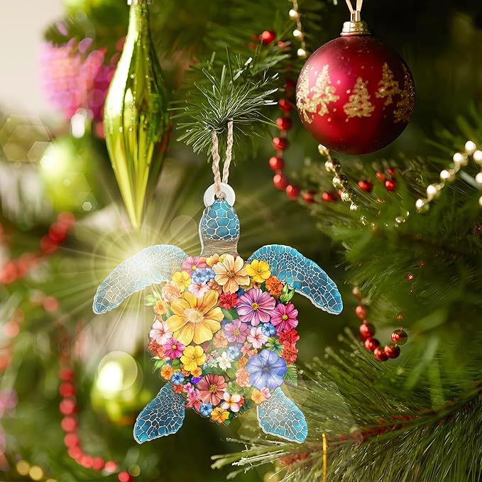 Christmas Beach Gifts for Women - 2D Flat (Not 3D) Suncatcher Christmas Ornaments 2025 - Sea Turtle Ornament Beach Decor, Turtle Ornaments for Tree, Ocean Ornament, Ocean Gifts for Mom Grandma
