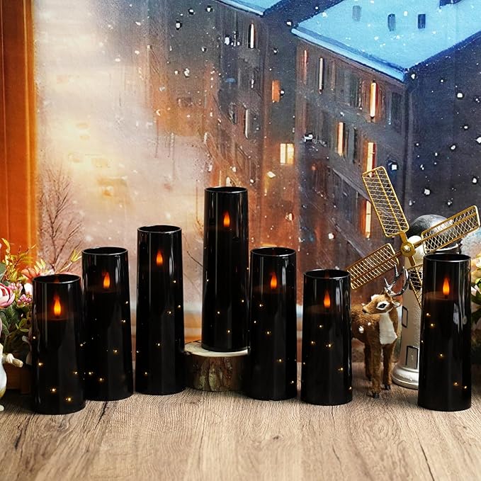 Flameless LED Candles with Timer 9 Pc Flickering Flameless Candles for Romantic Ambiance and Home Decoration Stable Acrylic Shell,with Embedded Star String,Battery Operated Candles(Black)