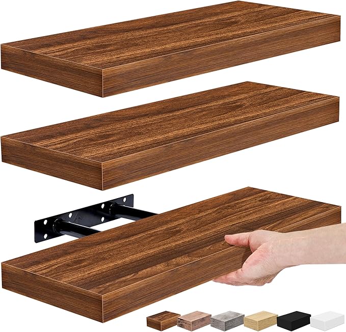 Sorbus Floating Shelves for Wall, Bathroom Shelves Wall Mounted for Kitchen, Bedroom, Bathroom Storage Over Toilet, Hanging Book Shelf for Wall Home Decor Living Room (Walnut, 3 Pack)