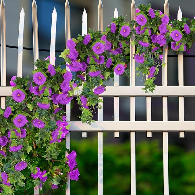 RECUTMS Artificial Fake Hanging Flowers Plants for Outdoor Decoration, 2 Pcs UV Resistant Faux Petunias Trailing Plants Realistic Flower Look Real for Door Wall Yard Porch Garden Planter (Fuchsia)