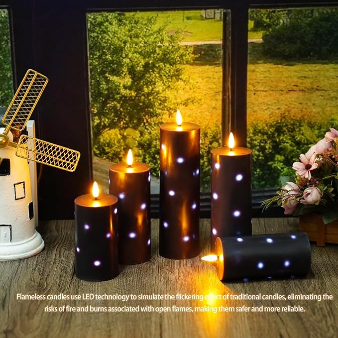 Flickering Flameless Candles with Remote Control and Timer Set of 5 Pc Real Wax LED Pillar Candles, Battery Operated Candles(D2.2×H5/5.5"/6"/7"/8") Halloween Decorations Home Decor (Black)