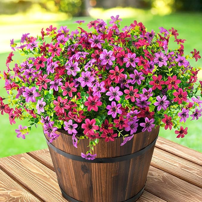 Homsunny Artificial Mums Fake Flowers for Outdoors Decoration, 12 Bundles Faux Silk Daisy Plants UV Resistant for Outside Garden Front Door Porch Planter Patio Yard (Light and Fuchsia)