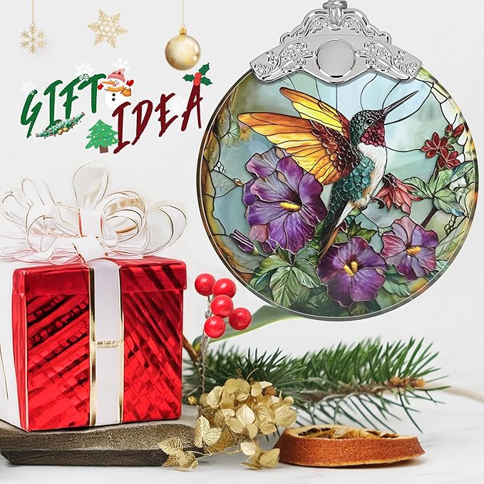Stained Glass Suncatcher Ornament - Hummingbird Christmas Decorations - Christmas Ornaments for Tree - Holiday Present Ideas - Gift Exchange