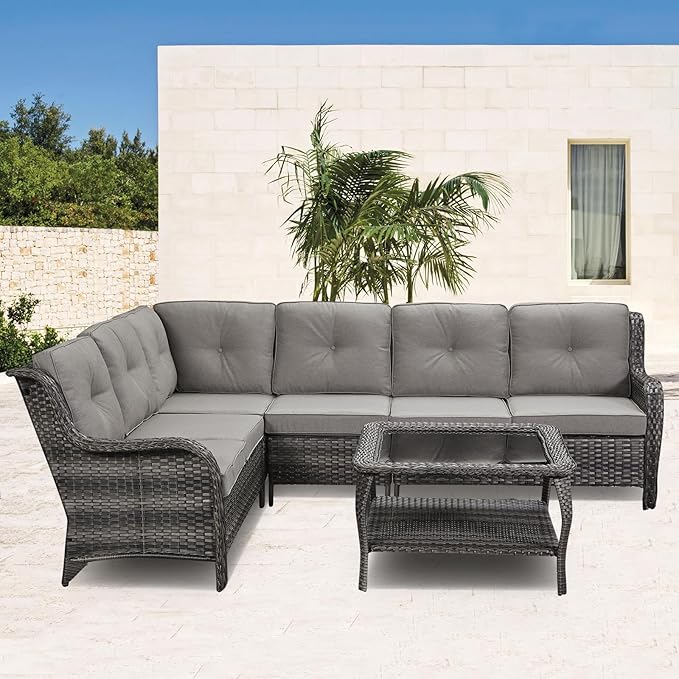 Rilyson Patio Tables Outdoor Coffee Table - Wicker Rattan Coffee Tables with 2-Tier Storage Shelf Glass Top for Proch Deck Balcony Garden Squre Mixed Grey