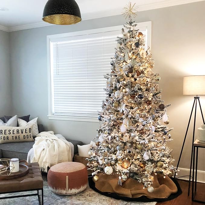 Fraser Hill Farm 7.5-Ft. Pine Valley Flocked Christmas Tree, Snowy Xmas Tree with White Incandescent Smart Lights, Easy to Connect and Set up Artificial Christmas Tree