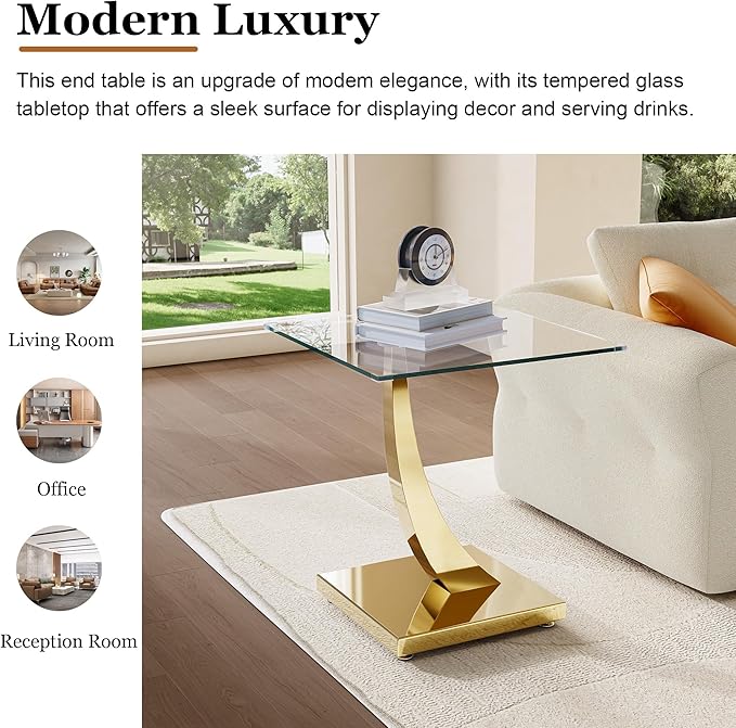 23" Glass End Table, Modern Square Side Table with Tempered Glass Top and Gold Horn-Shaped Stainless Steel Base for Apartment, Office