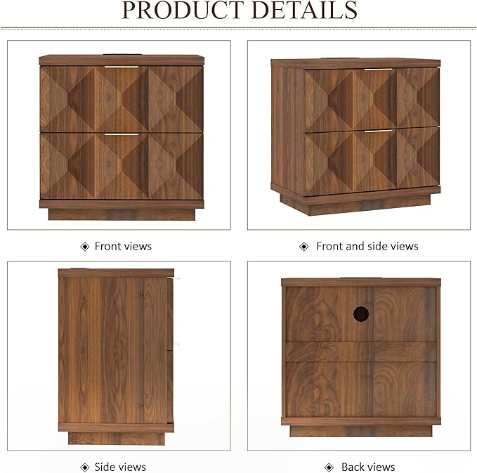 Brafab Night Stand Set of 2 with 20W Fast Charging Station, 23.6'' Walnut Bedside Table with Geometric Drawers Storage & Gold Handle, Large Modren Wooden Night Stand for Bedroom, End Table for Sofa