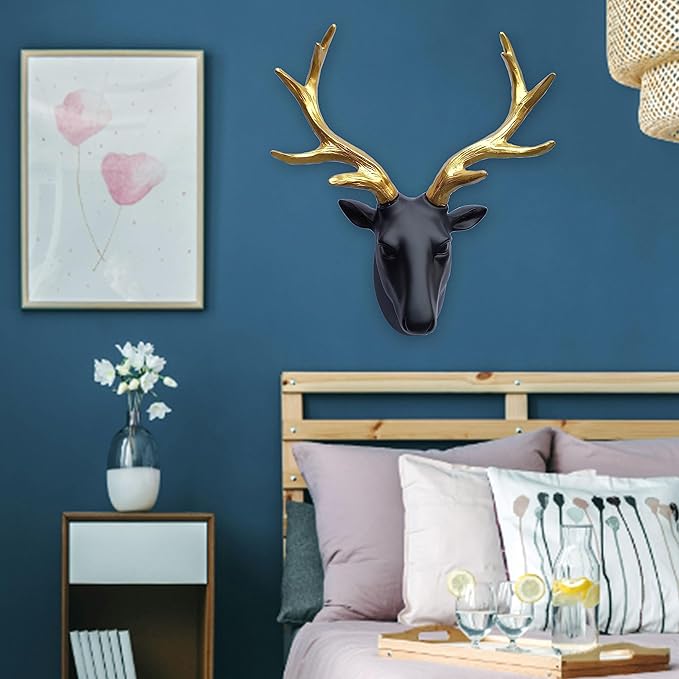 JoyEvy Deer Head Wall Decor-Wall Sculpture Resin Deer Head Gold Antler Faux Skull-Handmade Wall Art Hanging Rustic Animal Cottage Decor Home Cottage (9.5"*11")
