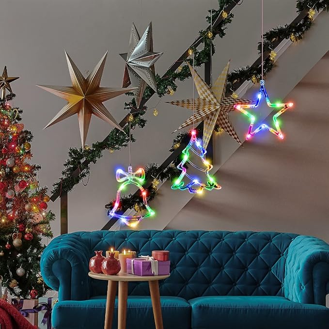 3Pack Christmas Window Lights Decorations with Timer, Battery Powered Multicolor LED Sucker for Xmas Tree Fireplace Indoor Decor