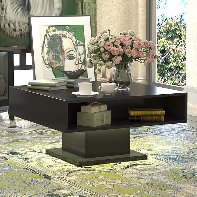 Square Lift Top Coffee Table with Storage, Black Led Coffee Table for Living Room with Large Hidden Storage, 30.7" Wood Table Led Center Table for Dining Reception Room