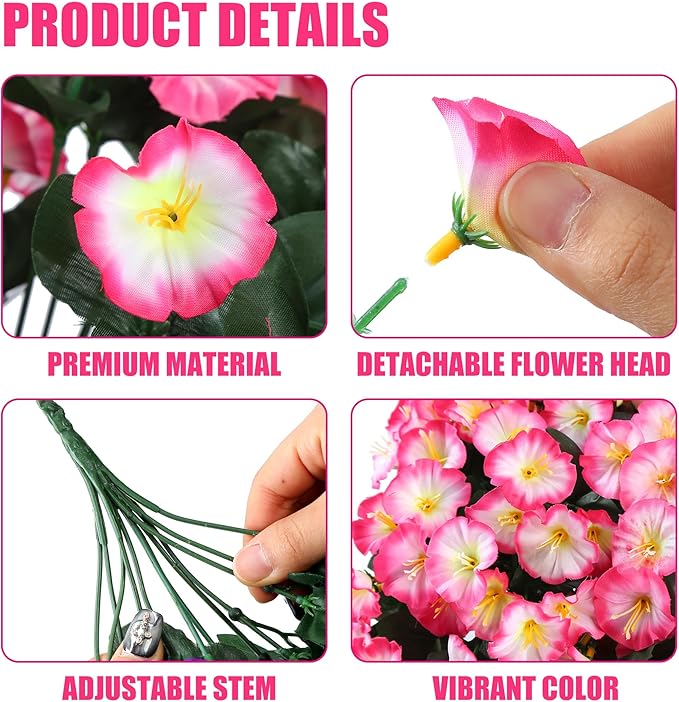 Sggvecsy Artificial Fake Hanging Flowers Plants for Outdoor Outside Spring Summer Decoration 2PCS Faux Silk UV Resistant Realistic Morning Glory Trailing Vines for Home Porch Patio Balcony(Pink)
