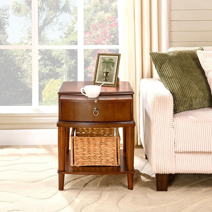 2-Set Traditional Wood End Table with Drawer and Storage Shelf, Hardwood Beside Table with Pull-Out Divider, Modern Vintage Sofa Chair Side Table Nightstand for Living Room Bedroom, Cherry Brown