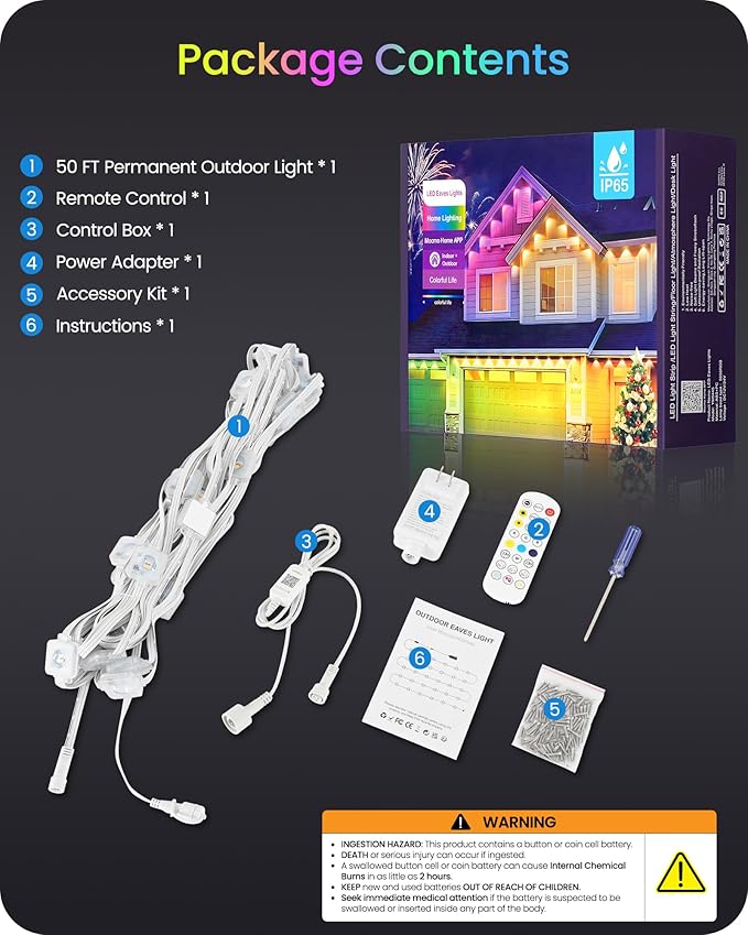 Permanent Outdoor Lights, 50 FT RGB & White Eaves Light with 30 LED Lights, App/Remote Control, IP65 Waterproof Christmas String Lights for Daily, Festival, Party, Holiday Decor W01EL05
