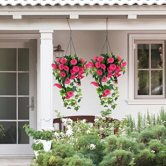 RECUTMS Artificial Fake Hanging Flowers Plants for Outdoor Decoration, 2 Pcs UV Resistant Faux Petunias Trailing Plants Realistic Flower Look Real for Door Wall Yard Porch Garden Planter (Rose Red)