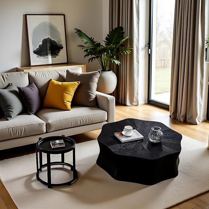 35.4" Square Coffee Table for Small Spaces, Black Flower Petal Design with Sturdy MDF Top, Low Profile Modern Minimalist Accent Center Table for Apartment, Lounge, Office