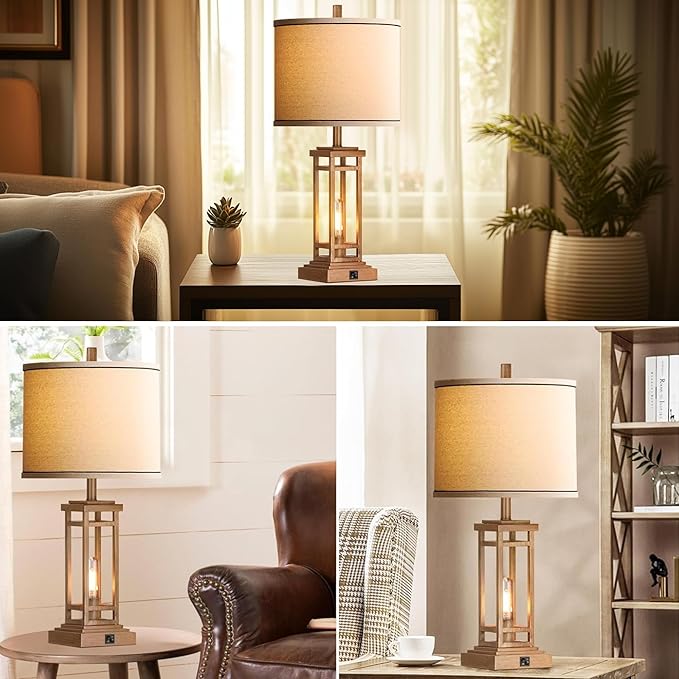 ROTTOGOON 27.5 Tall Farmhouse Table Lamp with USB C + USB A Charge Ports, Rustic Living Room Lamp, Black Industrial End Table Lamp for Bedroom Living Room Nightstand (Wood)