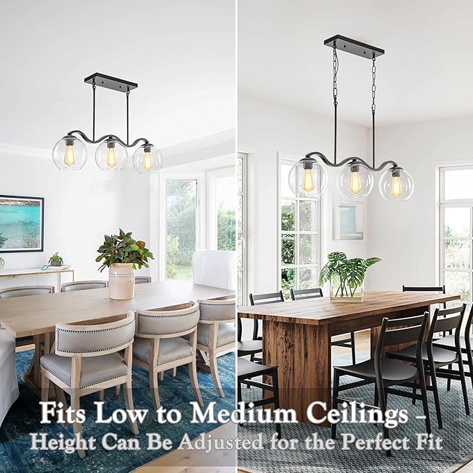 3-Light Black Pendant Light & Semi Flush Mount Ceiling Light, Industrial Farmhouse Linear Chandelier for Kitchen Island, Dining Room, Glass Globe Hanging Fixture