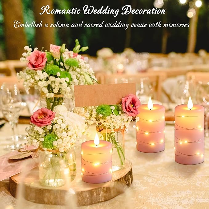 Da by Flameless Candles with String Lights,Battery Operated Candles,LED Flickering Candles with Remote Control and Timer, Real Wax, 3 Pack-Pink