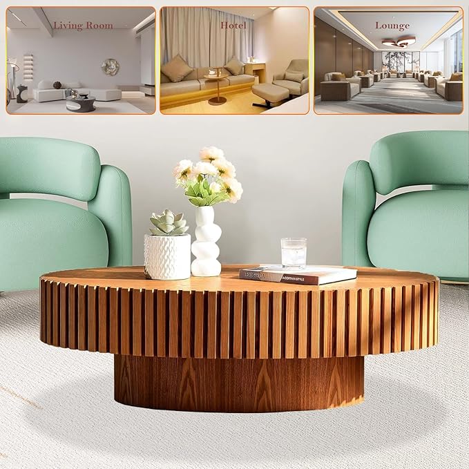 43.3in Fluted Side Tables Living Room Modern Chic Drum Coffee Table - Spacious Tabletop, for Small Space - Living Room Apartment Study,Wood