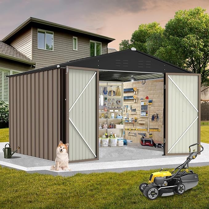 12X10FT Metal Storage Shed - Large Waterproof Tool Metal Shed with Lockable Doors & Vents, All-Weather Outdoor Sheds for Lawn Mower, Bike