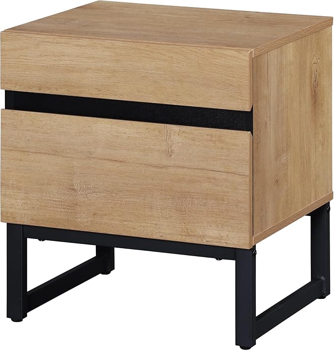 WAMPAT Modern End Table with 2 Drawers, Farmhouse Sofa Table with Black Square Iron Leg, Wood Rustic Side End Table for Living Room, Nighstand for Bedroom, Oak