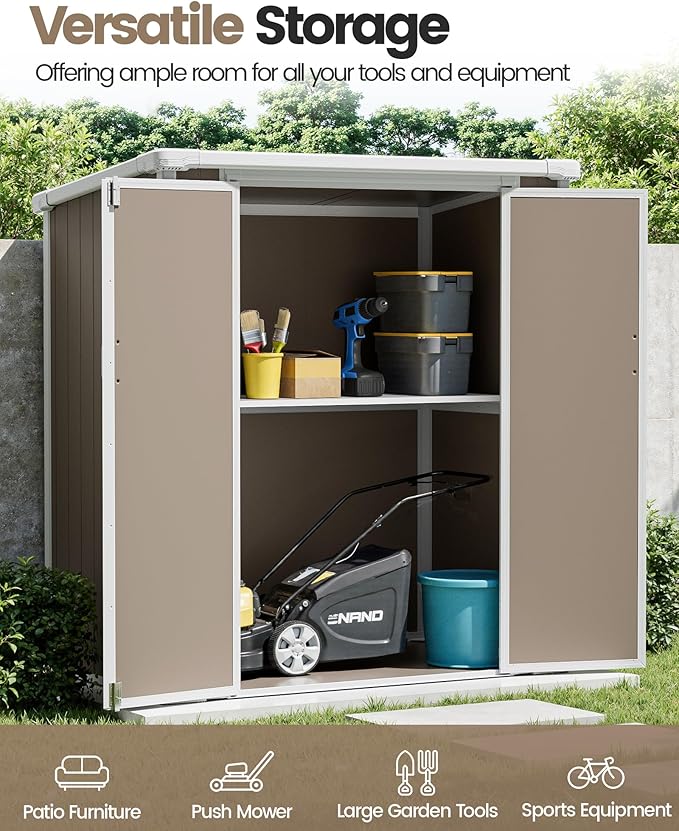 5x3 Resin Garden Sheds & Outdoor Storage on Clearance, Weather-Resistant Plastic Shed with Floor and Lockable Door for Garden Tools, Lawn Mower, Bike, Backyard Organization, Warm Gray