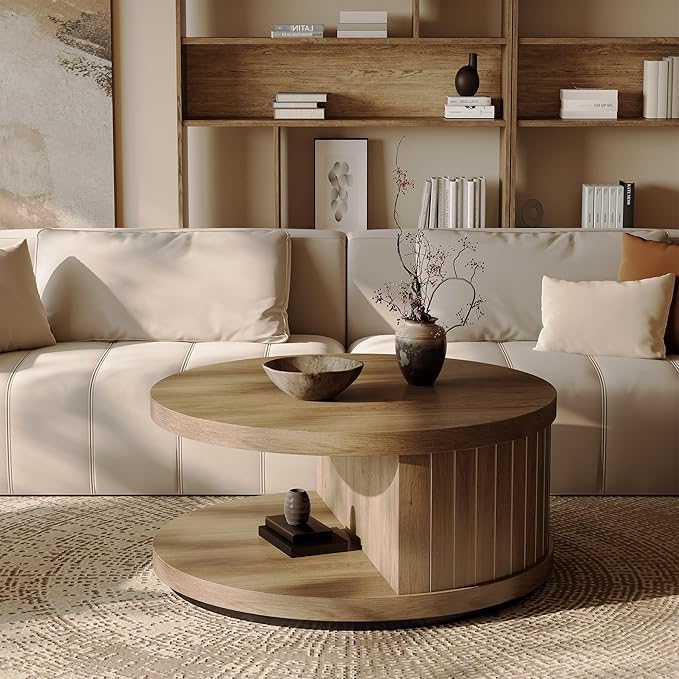 31-Inch Round Coffee Tables for Living Room, Wood Center Tea Tables with Open Shelf, Aesthetics Fluted Circle Coffee Table with Storage for Home Office, Natural Oak Brown