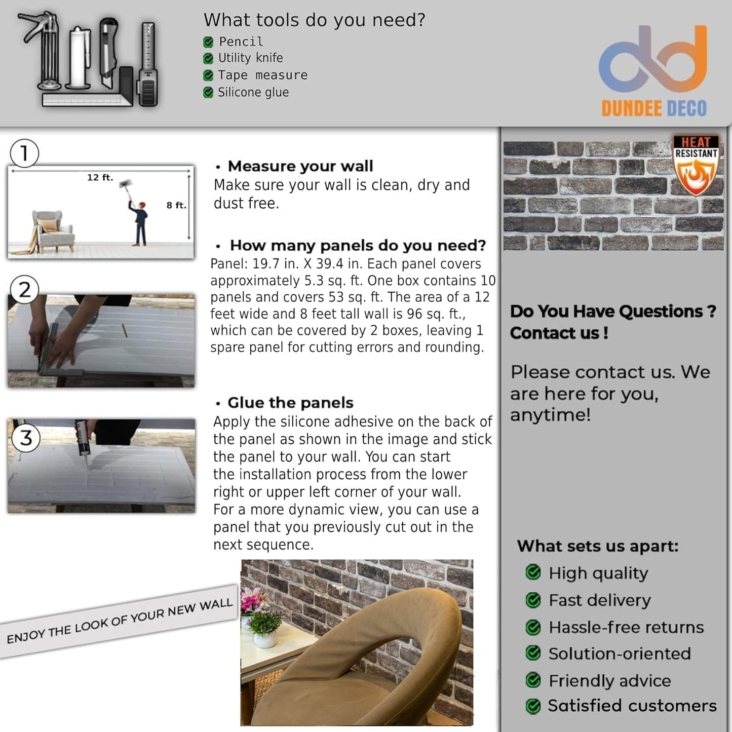 Dundee Deco 3D Wall Panels Faux Brick - Cladding, Grey Black Stone Look Wall Paneling, Styrofoam Facing for Living Room, Kitchen, Bathroom, Balcony, Bedroom, Set of 5, Covers 27 sq ft