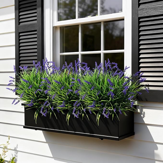 12 Bundles Artificial Lavender Flowers Faux Plants for Outdoor Fake Monkey Grass with Flowers Realistic Faux Greenery Shrubs for Porch Planters Patio Garden Window Boxes Pathway Decor (Purple)