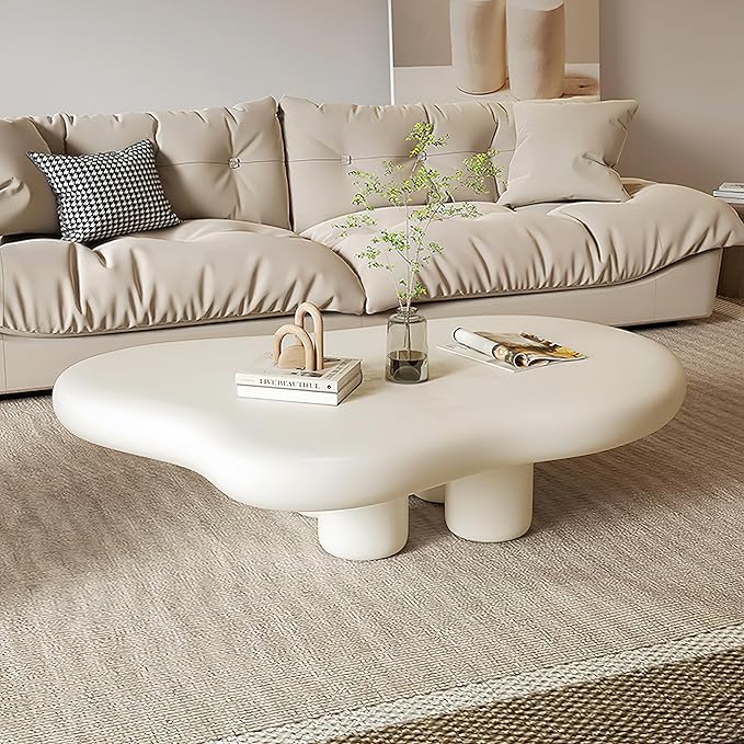 48 Inch Cloud Coffee Table, Modern Cream Coffee Table for Living Room, Large Wood Coffee Side Table with Irregular Tabletop and 4 Sturdy Legs for Home Office Bedroom