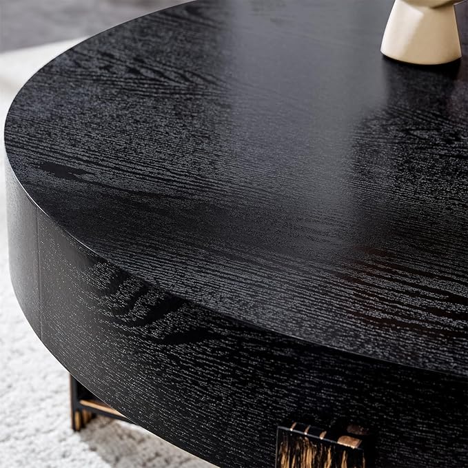 LKTART 31.5'' Round Coffee Table for Living Room, Modern Wood Handcraft Drum Coffee Table with Storage, Stainless Steel Legs Tea Tables, Apartment Small Space, Black