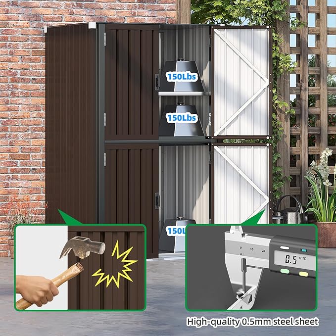AECOJOY Outdoor Storage Cabinet Waterproof with Shelves, Large Brown Lockable Outdoor Cabinet, Tall Vertical Storage Cabinet Shed Weatherproof Outdoor Cabinets Garden Sheds & Outdoor Storage Clearance