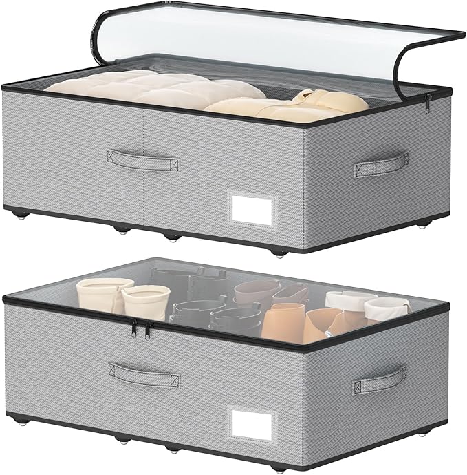 Under Bed Storage with Wheels, No Assemble Required 10 inches height Under Bed Storage bins,Large capacity Rolling Under bed Shoe Storage containers,dorm under bed storage drawers