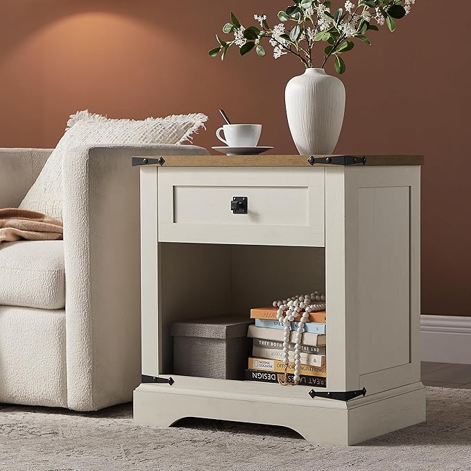 T4TREAM 24" Farmhouse Nightstand with Charging Station, Large End Table with Drawer and Open Storage Cabinet, Rustic Wood Bedside Table Sofa Table for Bedroom, Antique White