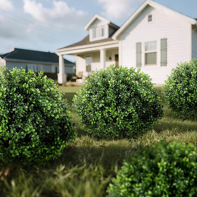 LadyRosian Artificial Cypress Topiary Tree, 25 Inch 2 Set Outdoor Faux Cypress Bush Plants,Indoor Ball Trees with Ground Spike, Fake Potted for Home Front Porch Decor Outside Garden