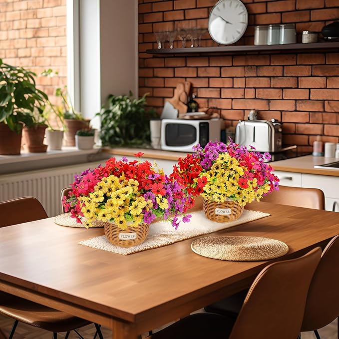 Geegoods Artificial Plants Flowers, 24 Bundles Plastic Fake Violet with 2 Woven Baskets Faux Mix Color Flower for Farmhouse Table Centerpiece Wedding Home Decor